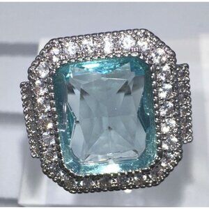 Aquamarine Emerald-Cut Cubic Zirconia & White Crystal Statement Ring